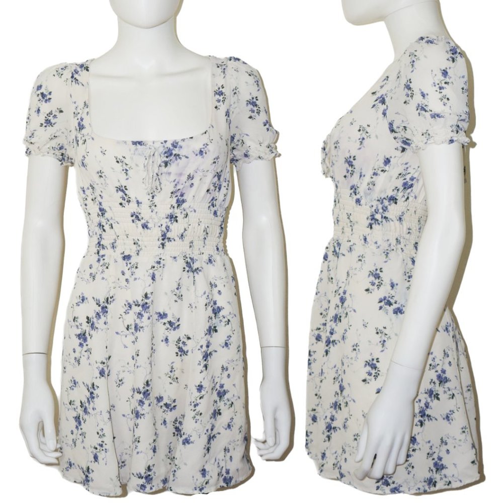 Reformation White Floral Mini Dress with Blue Print